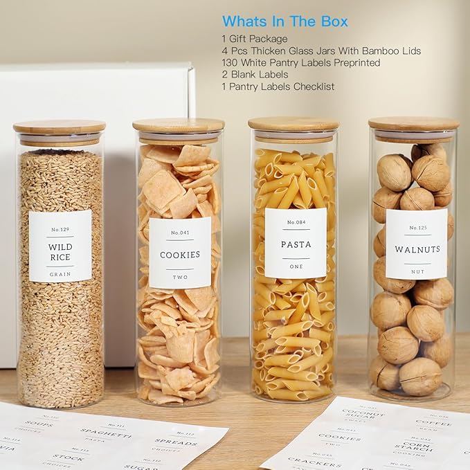 4 Pack Glass Jar with Airtight Wood Lid and White 132 Kichen Pantry Labels Preprinted - 38 Oz Clear Round Glass Food Storage Containers set For Cereal Rice Sugar-Ruum Studio Home