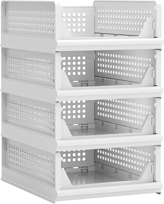 4 Pack Stackable Plastic Storage Basket Closet Organizer Bin Foldable Clothes Organizer Storage Drawer Shelf Container for Living Room Bathroom Kitchen Office (4S)-Ruum Studio Home