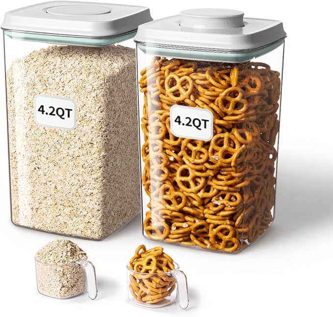 Ankou Airtight Food Storage Container with Pop Lid & 130ml Scoop, 4L/4.2qt *2 BPA-Free Cereal, Rice, Flour, Pasta & Snack Container, Stackable & Durable,Kitchen Pantry Organizer-Ruum Studio Home
