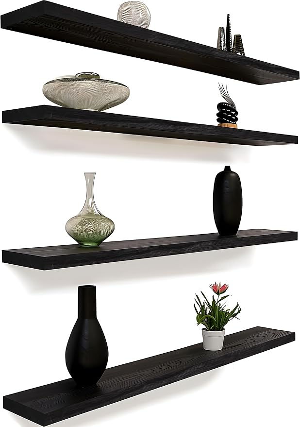48 Inch Floating Shelves for Wall Rustic Black Wood Wall Shelves for Bedroom Set of 4-Ruum Studio Home
