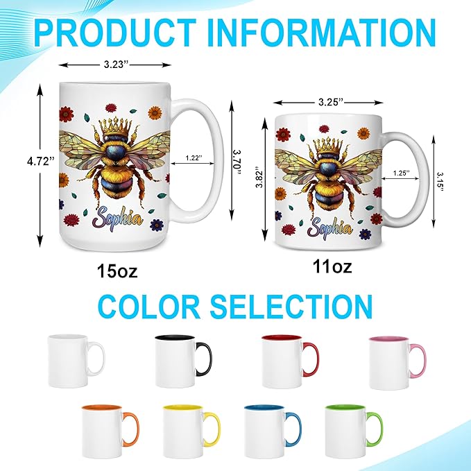 Hyturtle Personalized Floral Bee Mug - Bee Keeper Gifts For Women Lovers Teacher - Honey Gifts For Beekeeper Farmer On Birthday - Queen Honeycomb Decor - Custom Coffee Cup Ceramic Mug 11 Oz 15 Oz-Ruum Studio Home
