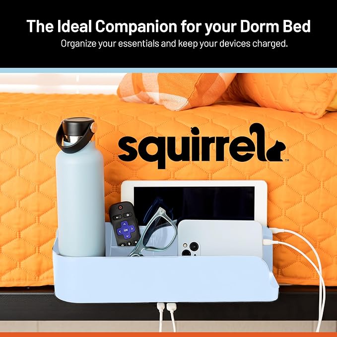 Squirrel-Bedside Perch, Floating Organizer with USB-C & A Charging Ports, Great Bedside Shelfie, Gift for teens and college freshman, for Gamers, Dorm room gifts. Assembly in 1 minute. Light Blue-Ruum Studio Home