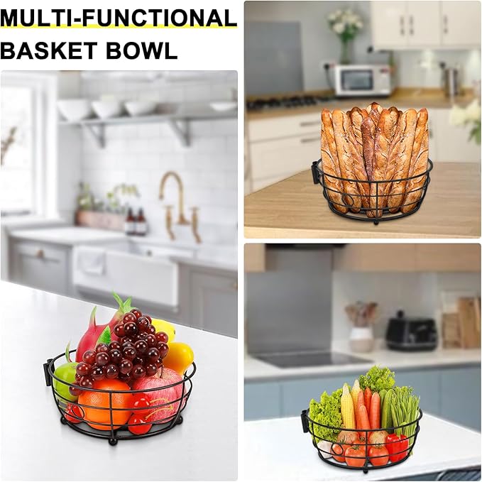 Livabber Countertop Fruit Basket Bowl with Banana Hanger, Modern Standing Fruit Vegetable Bowl Storage, with Banana Tree Holder for Kitchen Dinning Table (Round Metal, Black)-Ruum Studio Home