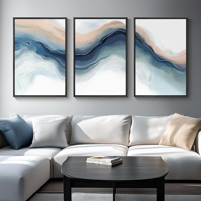 Large Framed Blue Abstract Landscape Wall Art for Living Room, 3 Piece Bright Pastel Canvas Prints Paintings, Modern Minimalist Artwork Watercolor Pictures for Bedroom, Hallway Wall Decor 24x36 In-Ruum Studio Home