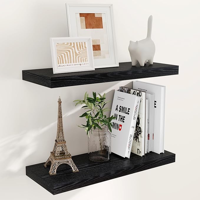 24 Inch Floating Shelves, Rustic 24 x 9 Black Floating Shelf for Wall, Black Bathroom Shelf Set of 2, Farmhouse Wood Wall Shelves for Bedroom, Kitchen, 9 Inch Deep Shelves for Home Storage-Ruum Studio Home