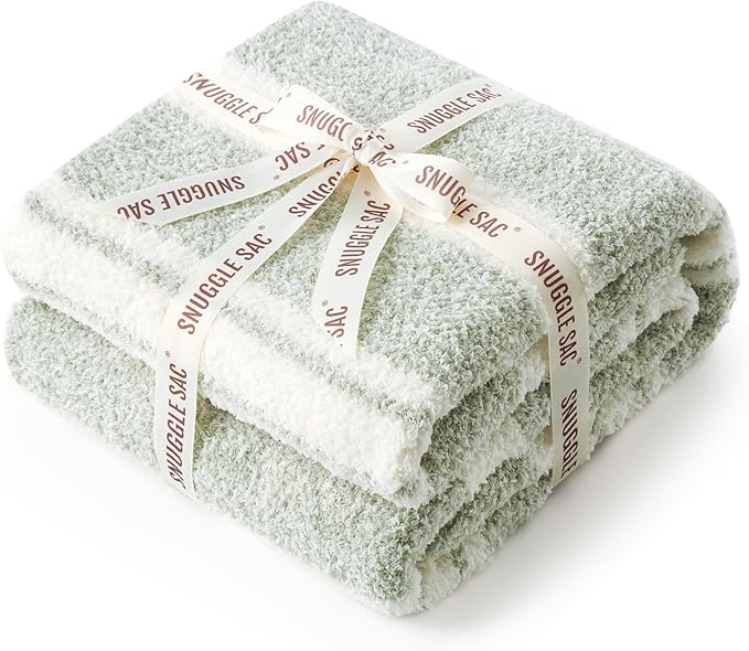 Snuggle Sac Stripe Sage Green Blanket Twin Size, Reversible Super Soft Warm Bed Blankets, Cozy Knit Fuzzy Blanket for Bed,Sofa, Living Room, Stripe Green, 60"x80"-Ruum Studio Home