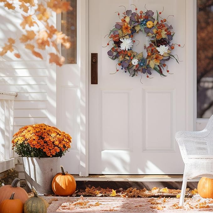 Fall Wreaths for Front Door Outside 24 Inch Autumn Wreath with Pumpkins, Silk Leaves & Purple Flowers Autumn Wreaths for Front Door, Halloween Wreath Decoration, Thanksgiving Decor-Ruum Studio Home