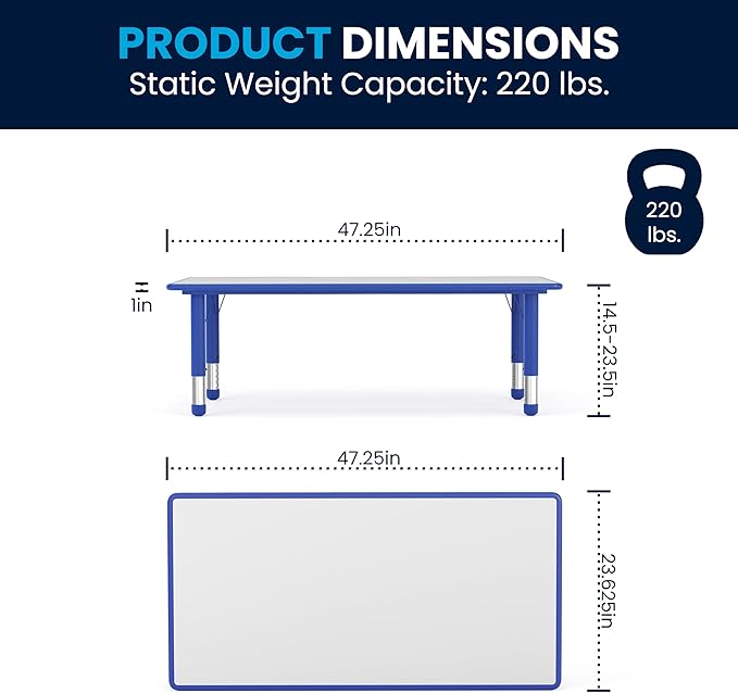 Flash Furniture Wren Adjustable Classroom Activity Table for School and Home, Plastic Activity Table for Kids, 23.625" W x 47.25" L, Gray/Blue-Ruum Studio Home