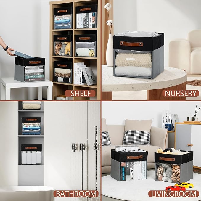 HNZIGE Cube Storage Bins 11 x 11, Fabric Cubes Storage Bins 11x11 Clear Storage Organizer,Canvas Storage Bin for Cube Storage, Cubby Collapsible Organizer Bin for Organizing Home(Gray Black 6PCS)-Ruum Studio Home