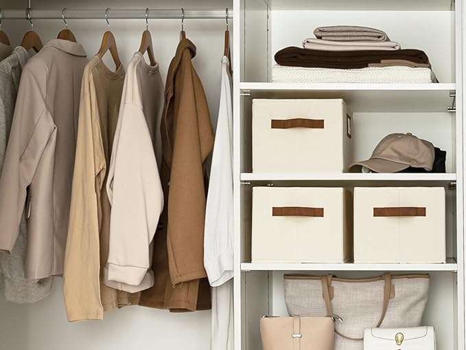 StorageWorks Storage Baskets for Shelves, Foldable Fabric Closet Storage Bins with PU Handles, Fabric Storage Bins Clothes Organizer, Ivory White, 3-Pack, Large-Ruum Studio Home