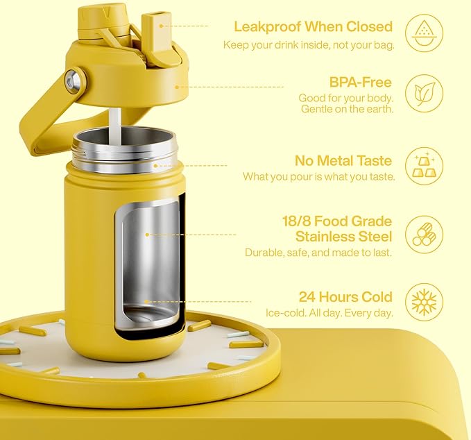 Kids Insualated Water Bottle with Straw - 12oz Stainless Steel Water Bottle with Dual Spouts, Leak-Proof, BPA-Free, Double Wall Vacuum Keeps Cold for 24 Hours for Sports, Travel, School (Elfin Yellow)-Ruum Studio Home