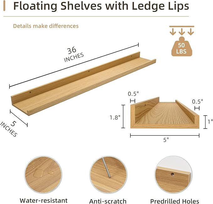 Picture Ledge Shelf, Wood Floating Shelves Set of 2, 36 inch Picture Ledge Shelves, Photo Ledge Nursery Book Shelves Wall Mounted for Living Room Kids' Room Bedroom, Color Oak-Ruum Studio Home