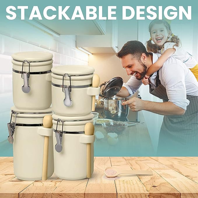 Home Intuition 4-Piece Ceramic Kitchen Canisters Set, Airtight Containers with Wooden Spoons Reusable Chalk Labels and Marker for Sugar, Coffee, Flour, Tea (Off White)-Ruum Studio Home
