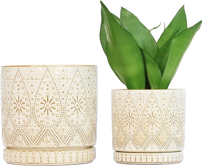 8 Inch + 6 Inch Indoor Plant Pot with Drainage Holes and Saucers, Ceramic Planter for Plants, Succulent Orchid Flower Pots-Ruum Studio Home