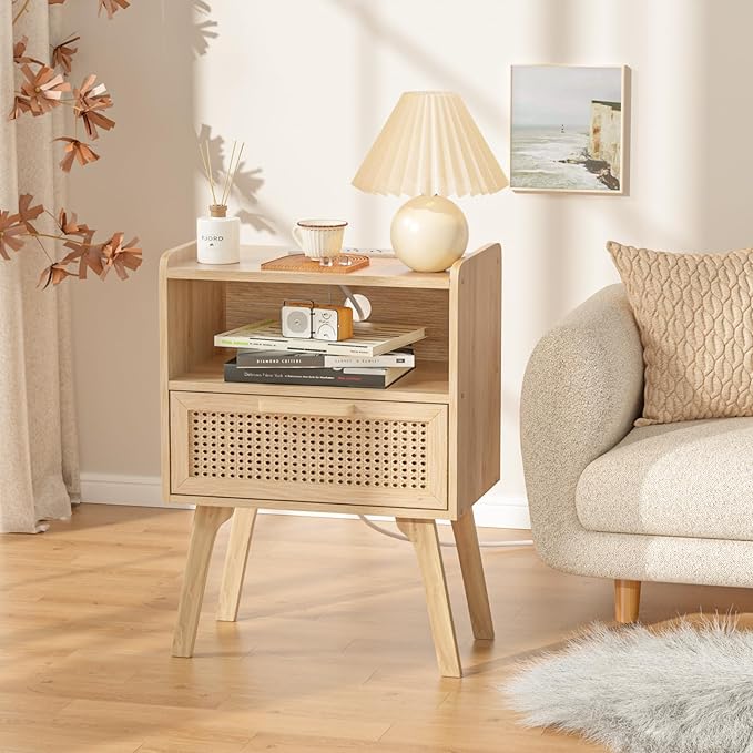 Lerliuo Rattan Nightstand with Charging Station, Boho Night Stand with Handmade Natural Rattan Drawer and Open Shelf, Cane Accent Side End Tables with Solid Wood Legs for Bedroom, Dorm, Small Spaces-Ruum Studio Home
