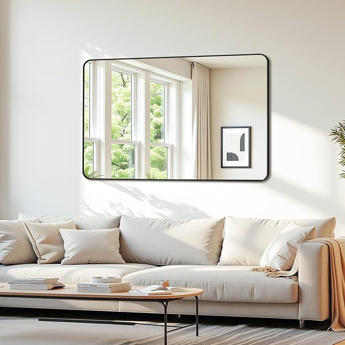Bathroom Mirror 48" x 30", Large Rectangle Wall Mirror, Black Metal Frame Wall Mounted Mirrors for Bathroom, Vanity, Bedroom, Entryway Decor(Horizontal/Vertical)-Ruum Studio Home