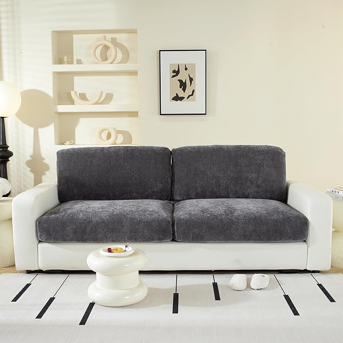 Large Backrest Cushion Covers Super Stretch Backrest Covers for 2 Cushion Couch Sofa, Couch Back Cushion Covers Featuring with Chenille Yarn (Softer Version, 2PC, Dark Grey)-Ruum Studio Home