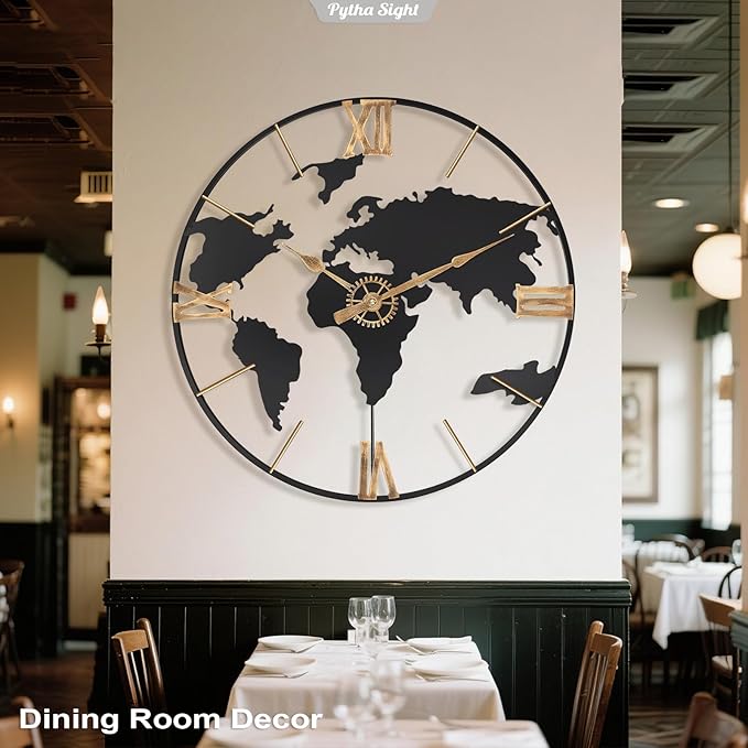 30 Inch Large Modern Decorative Metal World Map Wall Clocks Giant Extra Vintage Gold Roman Numeral Oversized Wall Clock for Living Room,Office,Dining Room,Entryway,Fireplace-Ruum Studio Home