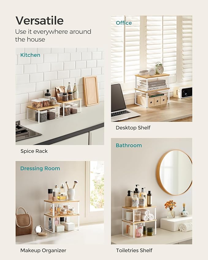 SONGMICS Cabinet Organizer Shelf, Set of 2 Kitchen Counter Shelves, Kitchen Storage, Spice Rack, Stackable, Expandable, Metal and Engineered Wood, Cloud White and Natural Beige UKCS02NW-Ruum Studio Home