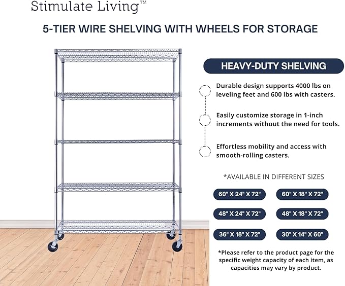 48"x18"x72" PRIME HEAVY DUTY Chrome 5-Tier Wire Shelving NSF 4000 LBS MAX Capacity Storage Rack for Commercial, School, Home, Garage, Warehouse, Industrial, and Hospital Uses (with Wheels)-Ruum Studio Home