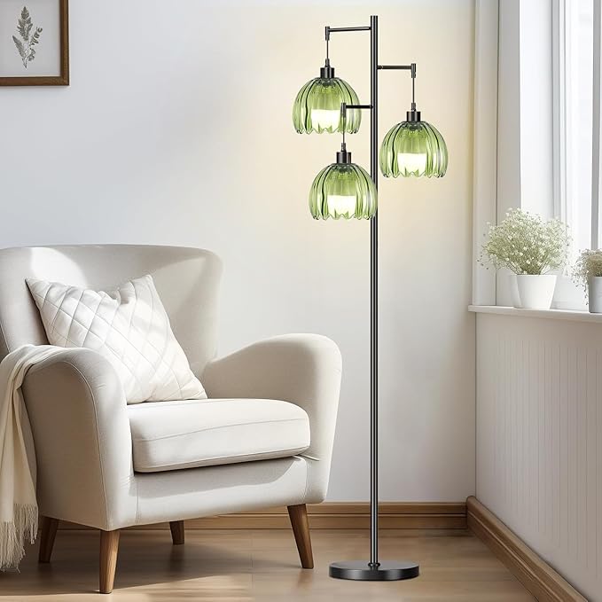 Glass Gold Floor Lamp for Living Room,Bedroom,Mid Century Modern Standing Lamp Brass Tree 3 Light Tall Floor Lamps Vintage Retro Floor Lights Green Flower Lamp Shade Farmhouse Boho Bohemian-Ruum Studio Home