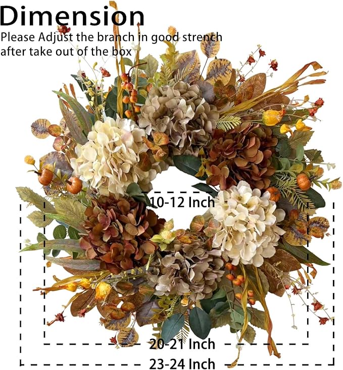 WANNA-CUL 24 Inch Fall Wreaths for Front Door with Hydrangea,Little Pumpkins-Fall Decorations for Home,Fall Door Wreath Decor for Autumn,Harvest, Halloween or Thanksgiving-Ruum Studio Home