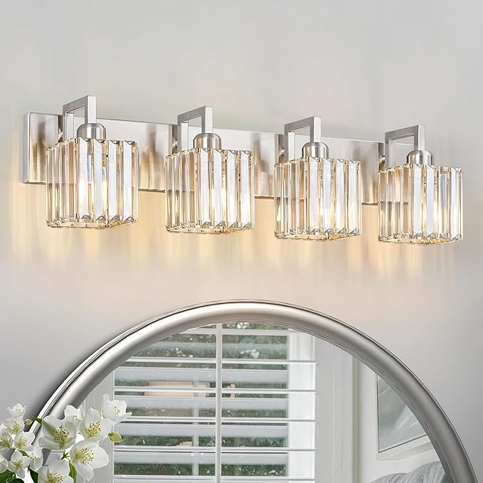 Modern Bathroom Vanity Light 4-Lights Brushed Nickel Vanity Light Crystal Wall Light Bathroom Light Fixtures-Ruum Studio Home