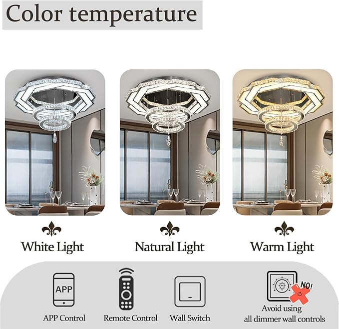 Flashing God Crystal Chandeliers Dia 32" Silver Elegant Chandelier Flush Mount Ceiling Light for Bedroom Living Room Dining Room Hallway Dimmable 3 Rings LED Celing Lighting Fixtures-Ruum Studio Home