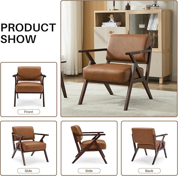 Mid-Century Modern Lounge Armchair - Genuine Brown Leather with Solid Wood X-Base Frame, Seat Cushion - for Living Room, Study, Balcony Retro Design, Brown Leather-Ruum Studio Home