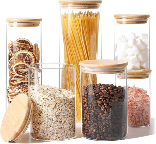 ComSaf Glass Food Storage Jars Set of 6, Clear Glass Storage Containers with Lids, Canisters Sets for the kitchen, Spaghetti, Pasta, Flour, Nuts, Oat, Coffee and Sugar Container, Pantry Organization-Ruum Studio Home