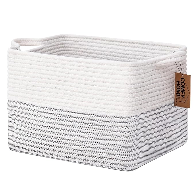 COMFY-HOMI Cotton Rope Woven Basket with Handles for Shelves,Toys,Book, Cloth Storage Baskets Bin for Organizing-13.5"x11"x9.5" Toy Decorative Organizer for Living Room, Bathroom-White/Black Line-Ruum Studio Home