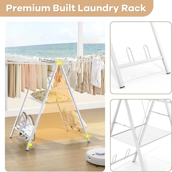 APEXCHASER Drying Rack for Clothing Foldable, Metal Laundry Rack Collapsible, Ultra Thin Gullwing Clothes Airer with Adjustable Height for Towel Baby Clothes Indoor Outdoor Laundry Room, White-Ruum Studio Home