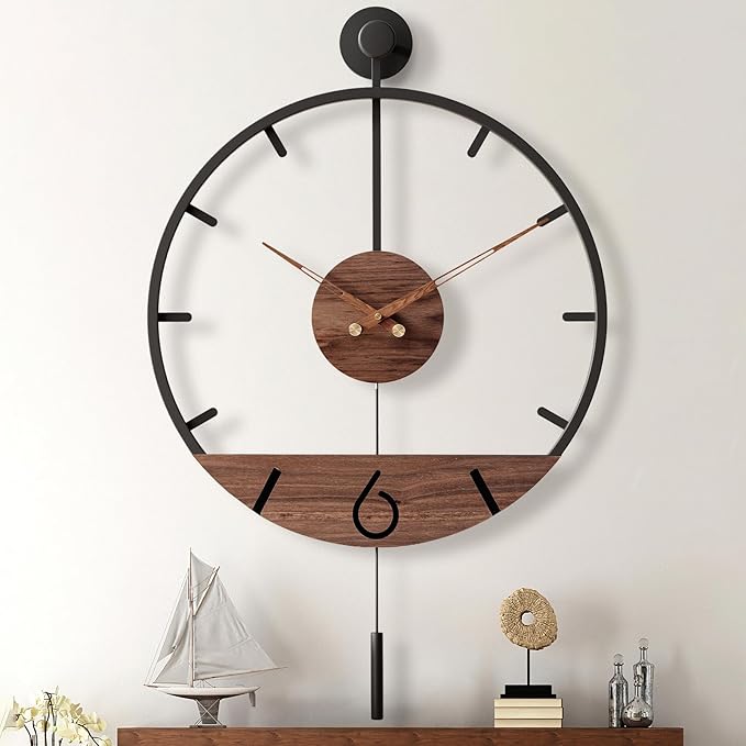 34.6×24 Inch Large Modern Decorative Pendulum Wall Clock,Big Metal Farmhouse Oversized Silent Wall Clocks Minimalist Elegant Walnut Dial Pointers for Living Room,Office,Dining Room Decor-Ruum Studio Home