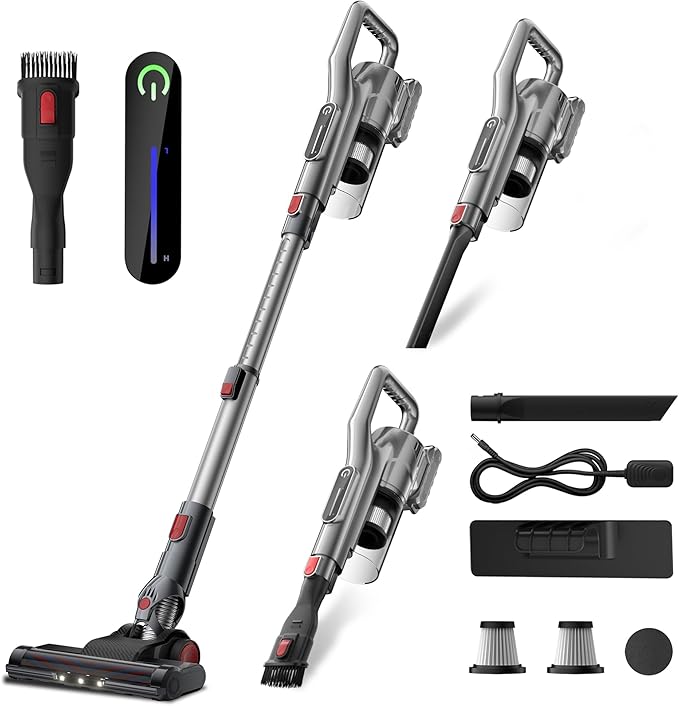 Cordless Vacuum Cleaner, Powerful Battery Vacuum Cleaner Cordless with LED Touch Screen & 2 Speeds, Lightweight Stick Vacuum Cleaners for Home, Pet Hair & Hardwood Floor,Silver-Ruum Studio Home