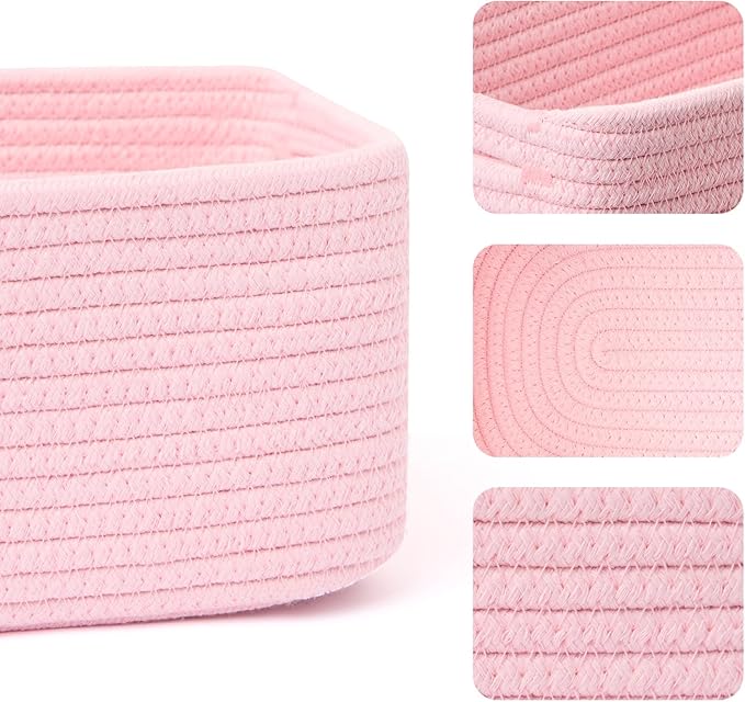 Small Storage Baskets for Organizing | Closet Organizer Bins | Shelf Toy Basket | Woven Rope Baskets | Cube Decorative Box | Shallow Basket | 13x8.5x5.1” | 4 Packs Light Pink-Ruum Studio Home