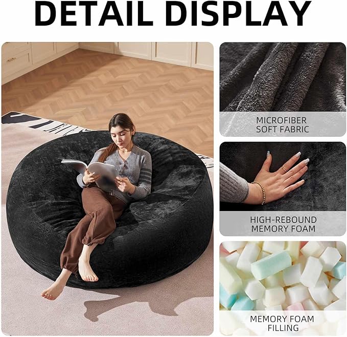 Bean Bag Chair 6Ft, Memory Foam Filled, Large Beanbag Chairs for Adults and Teens, Soft Sofa with Removable Flannel Cover, Round Couch for Living Room Bedroom College Dorm (Black, 6FT-67×67"×24")-Ruum Studio Home