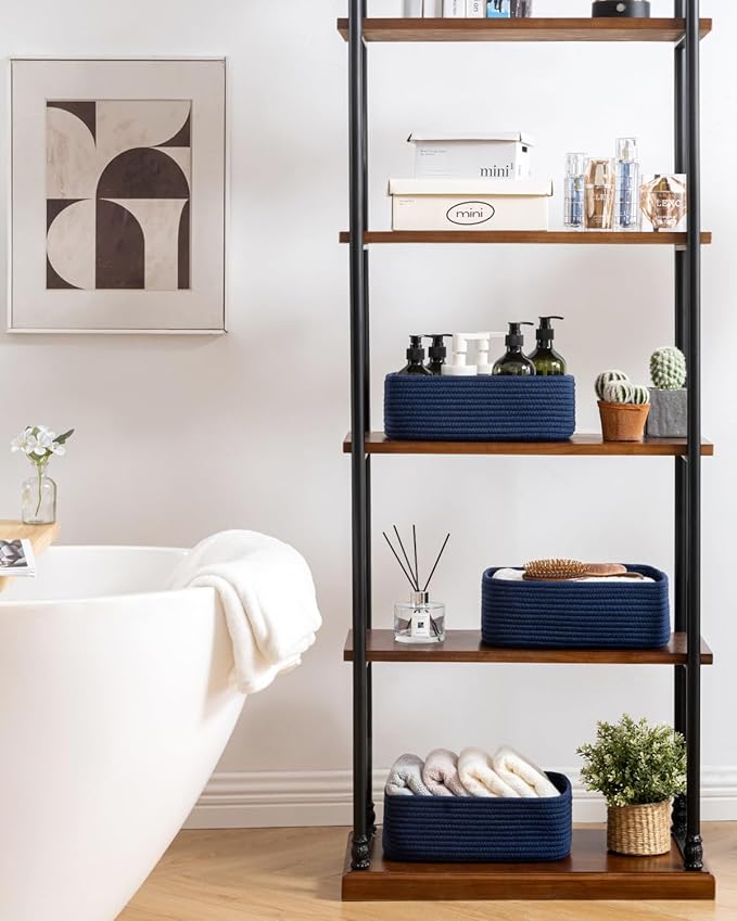 KALLAX Small Woven Basket, 12 x 8 x 4.5 Inches, Storage Basket for Organizing, Cute Small Rope Shelf Closet Cube Storage Bins Baskets for Shelves, Dog Toy Gift Baskets Empty, 3 Packs, Navy Blue-Ruum Studio Home