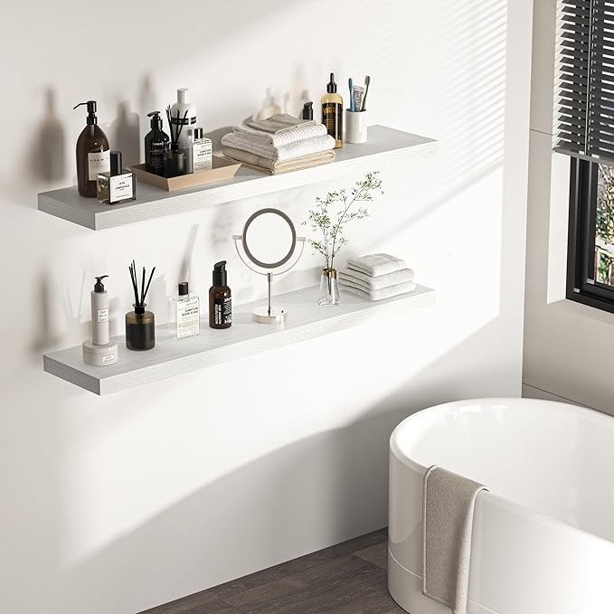 Floating Shelves - 10.3 Inch Deep Wall Shelf for Decor & Storage - Wall Mounted Display Shelving with Invisible Heavy-Duty Metal Bracket - 48" W x 10.3" D x 1.8" H - Set of 1 - Rustic White-Ruum Studio Home
