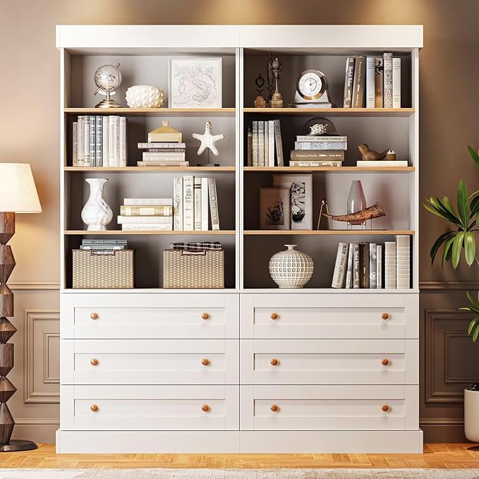 Vyre 71" Tall Farmhouse Bookshelves with Drawers, Large Modular Bookcase with Adjustable Shelves, Storage Cabinet for Living Room, Kitchen, Home Office, White-Ruum Studio Home