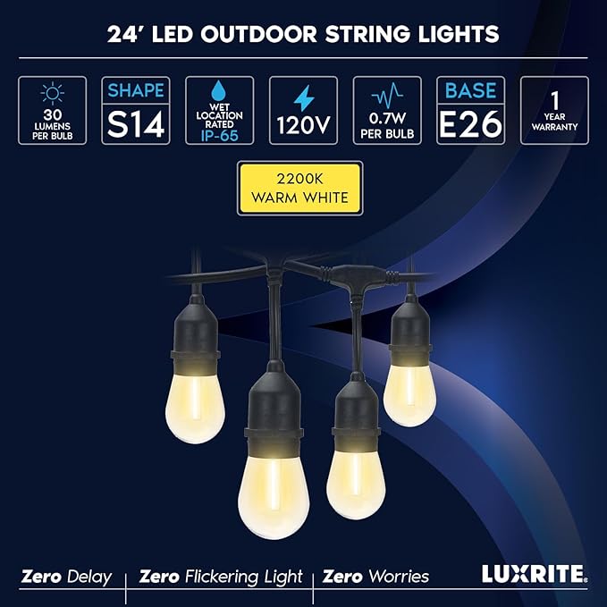 LUXRITE 24FT LED Outdoor String Lights, Commercial Grade Waterproof, 12 Edison S14 Shatterproof Bulbs, IP65, Decorative Hanging for Patio, Backyard, Garden, Cafe, Balcony-Ruum Studio Home