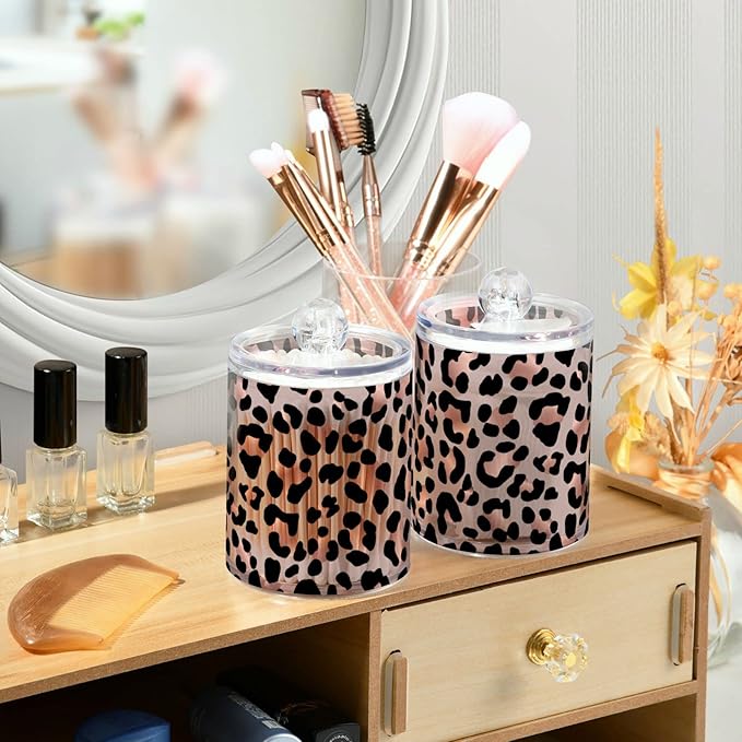 2 Pack Qtip Holder Dispenser Rose Gold Black Leopard Bathroom Storage Canister Lid Acrylic Plastic Apothecary Jar Set Vanity Makeup Organizer for Cotton Swab/Ball/Round Pads, Floss-Ruum Studio Home