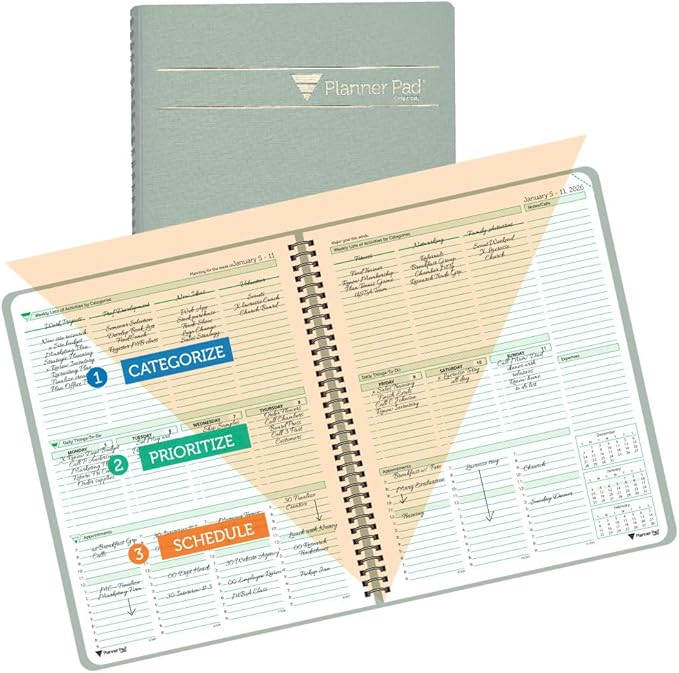 Planner Pad Spiral Bound January-December 2026/ Calender Year 8 1/2" x 11" Large 3-Tier Funnel Down 12 Month Organizer, Greenish Grey Cover/Soft Green Ink-Ruum Studio Home