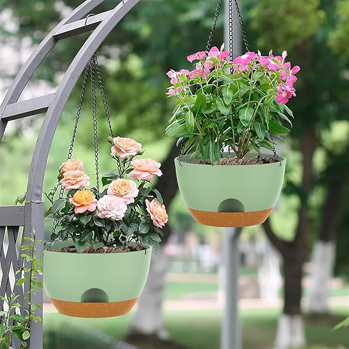 12 Inch Hanging Baskets 2 PC with Chains, Self-Watering Hanging Planters for Indoor Outdoor Plants, Plastic Hanging Flower Pots,Green Brown-Ruum Studio Home