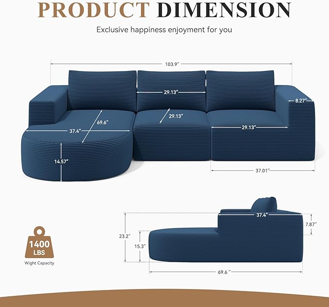 Modular Sectional Sofa with L-Shape Chaise,Cloud Sectional Modern Sleeper Couch with Deep Seat,Sponge Compression Sofas No Assembly Required (Blue-Corduroy Fabric) 1PCS-Ruum Studio Home