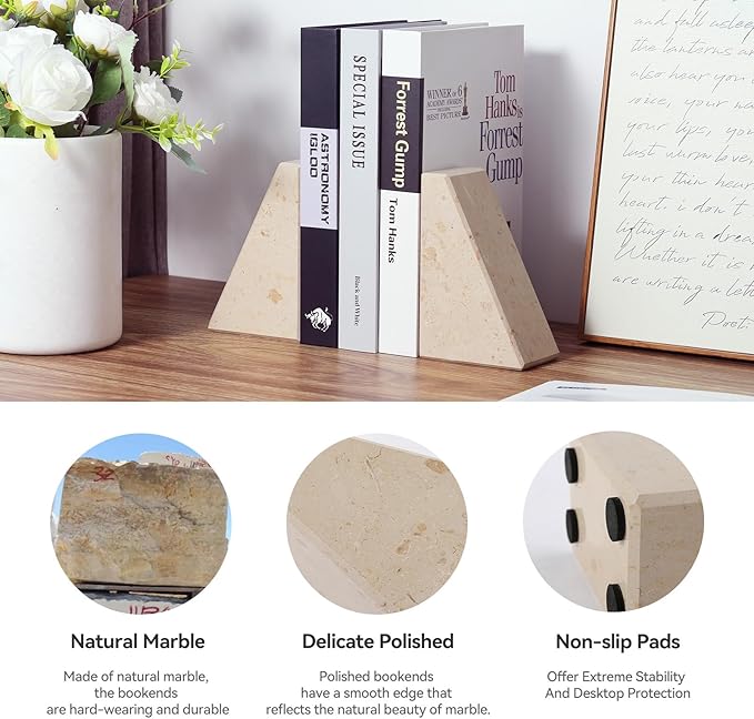Marble Bookends for Heavy Books, Decorative Book Ends for Shelves, Beige Stone Durable and Heavy-Duty Book Ends for Hardback Books & CDS, Unique Book Stopper & Holder, Set of 2-Ruum Studio Home
