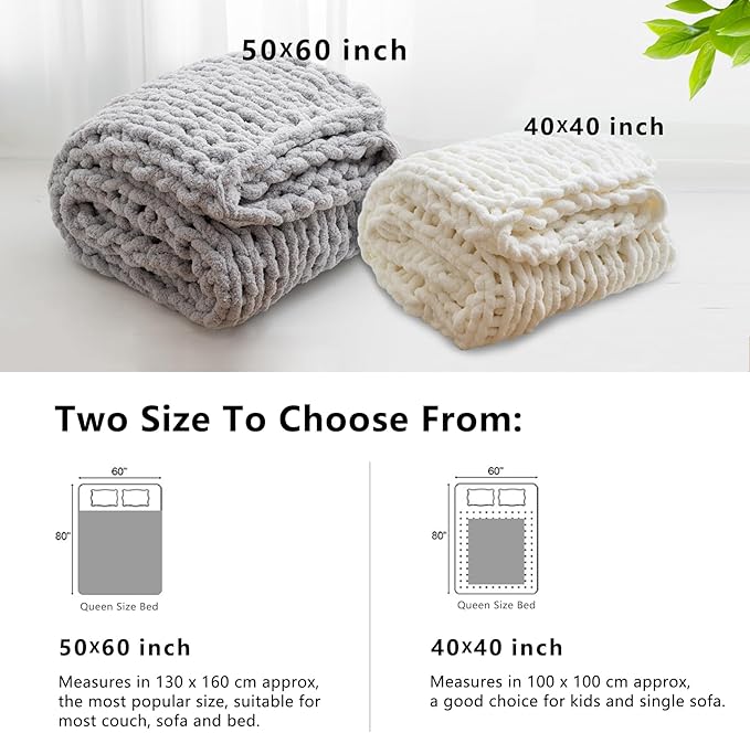 WESHIONGOO Chunky Knit Blanket Throw 40"×40" Knitted Throw Blankets for Couch Bed Fluffy Soft Blanket with Jumbo Chenille Yarn Thick 100% Handmade (Linen)-Ruum Studio Home