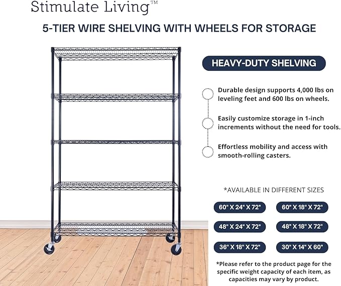 48"x18"x72" PRIME HEAVY DUTY Black 5-Tier Wire Shelving NSF 4000 LBS MAX Capacity Storage Rack for Commercial, School, Home, Garage, Warehouse, Industrial, and Hospital Uses (with Wheels)-Ruum Studio Home