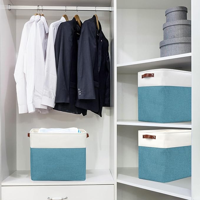 Large Fabric Storage Baskets | 50L Storage Bins, Decorative Linen Closet Baskets with Handles for Organizing, Shelf, Toys, Clothes, Home, Office, Nursery, 17x12x15Inches (Teal&White)-Ruum Studio Home