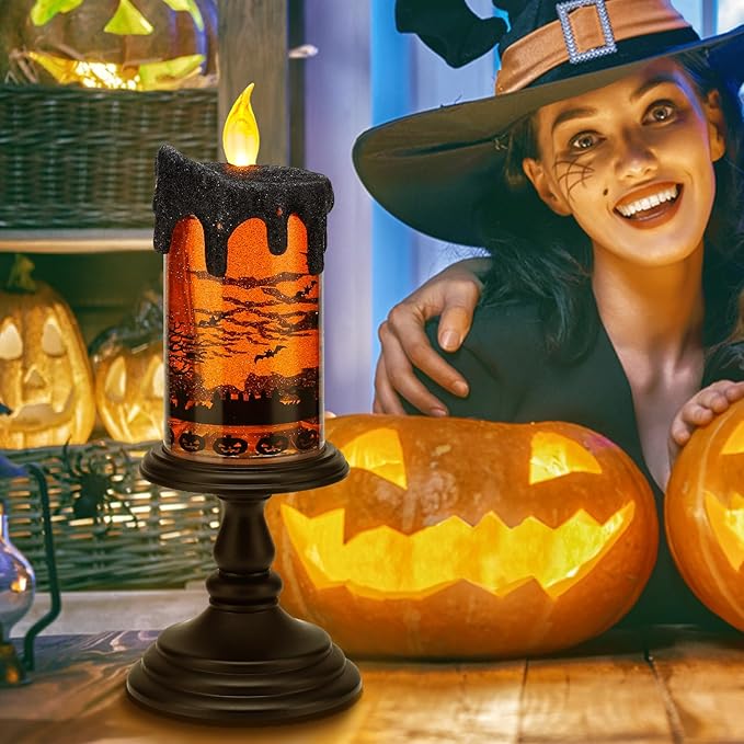 Halloween Snow Globe Candles Lighted Lamp, Lighted Flameless Candles with Water Glitter Swirls and Spooky Moving,Battery Operated-Ruum Studio Home
