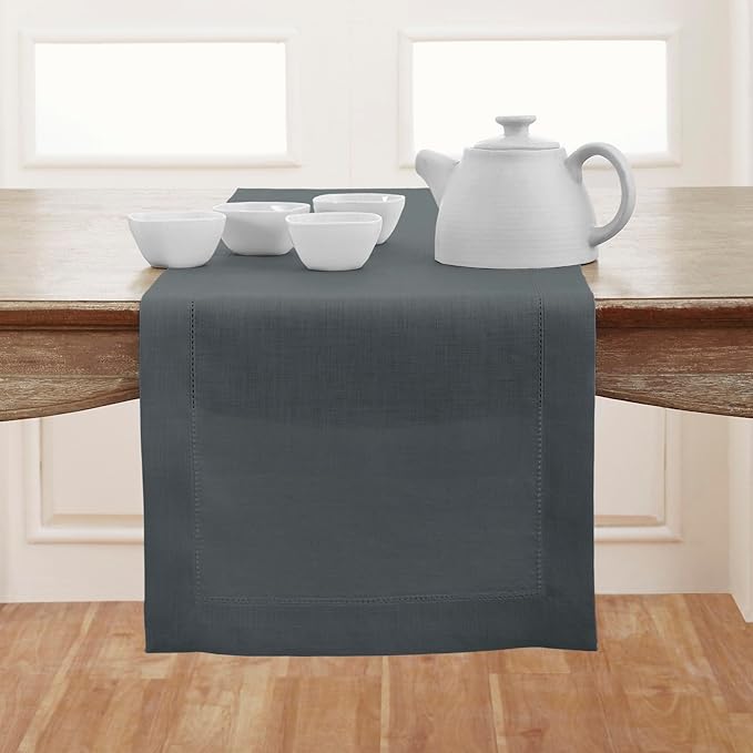 Solino Home Linen Hemstitch Table Runner 60 Inches - 100% Pure Linen Dark Grey Table Runner 14 x 60 Inch Ideal for Dresser and Coffee Tables - Classic Hemstitch - Thanksgiving-Ruum Studio Home